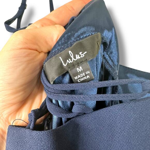 Lulus NWT Feeling Elegant Navy Blue Lace-Up Slit Chiffon Maxi Dress Medium - Picture 10 of 11